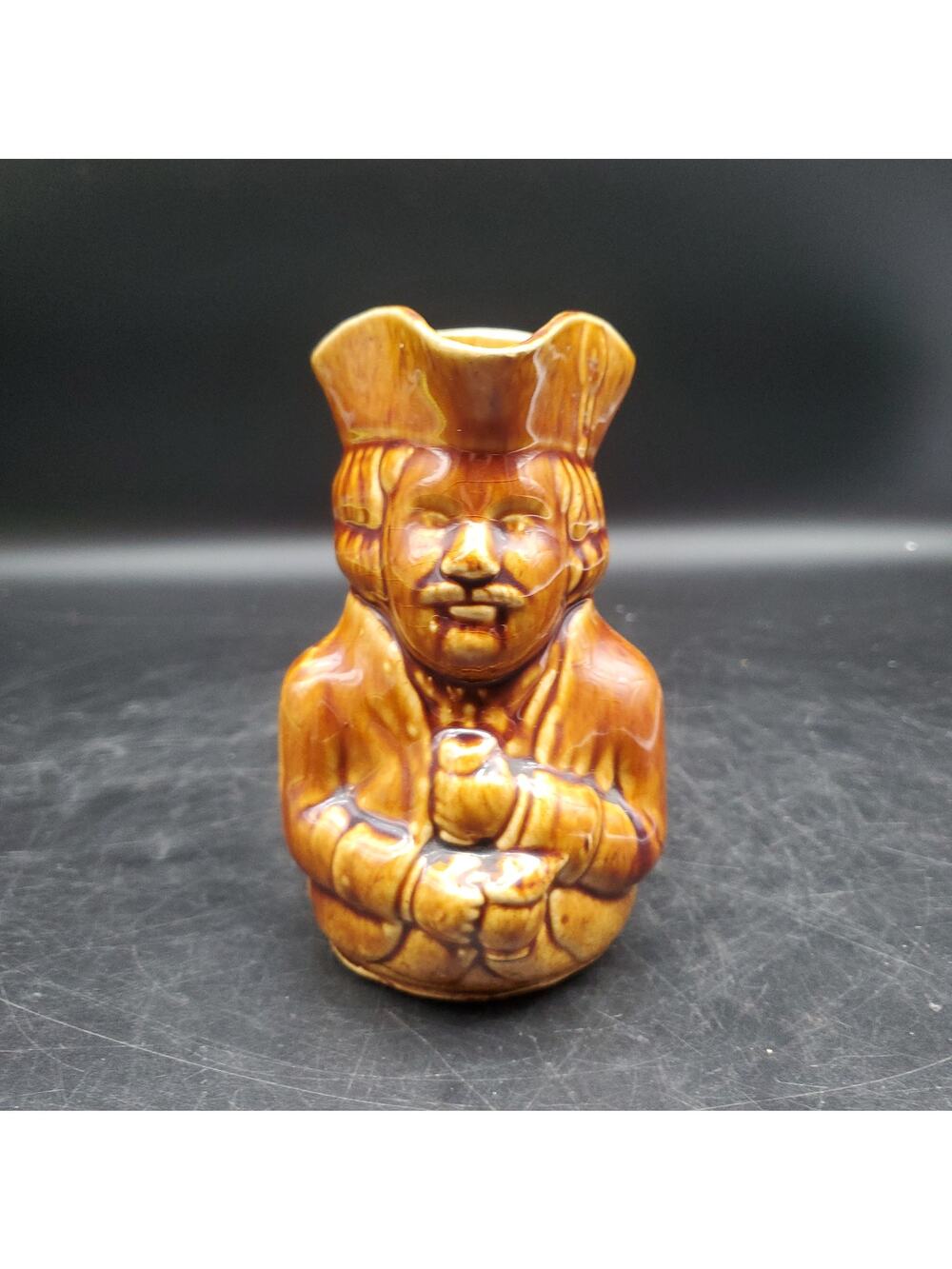 Vintage Colonial Gentleman Toby Jug Pitcher Brown Glaze Character Mug Creamer 6"